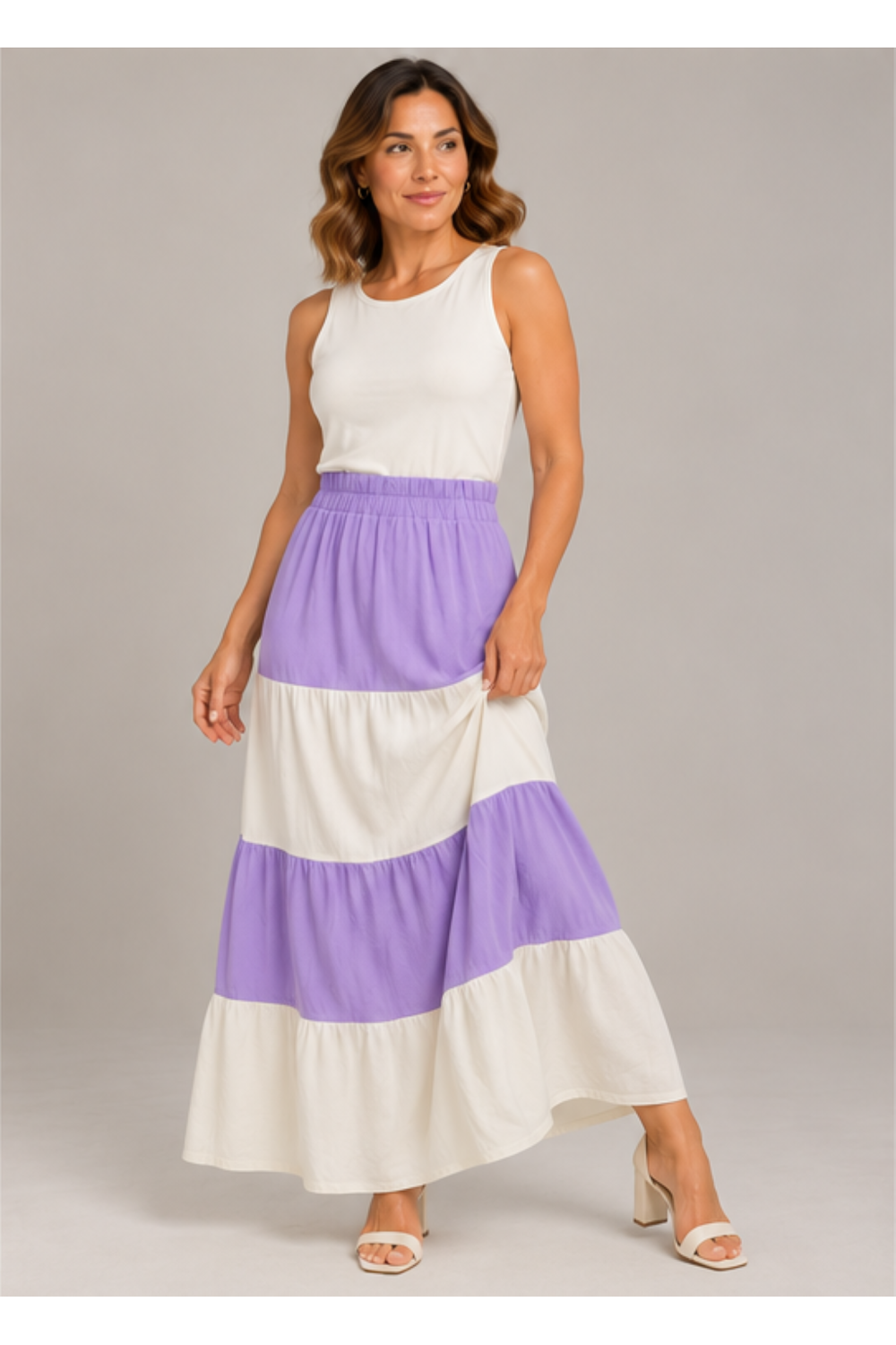 Saia Longa Bicolor Com Babados Stroke Stroke LILAS/OFF WHITE - Imagem 4
